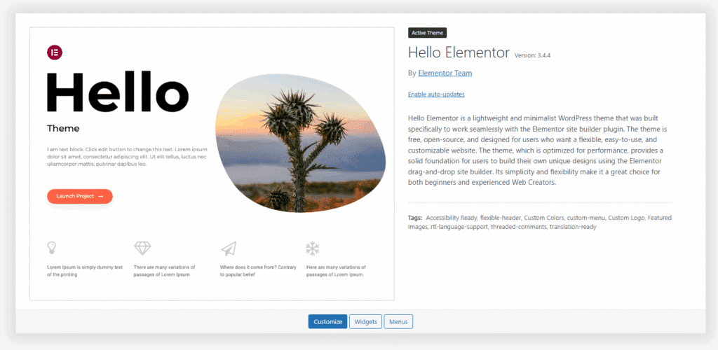 如果使用Elementor作為網站編輯器,Theme 建議選用 Hello Elementor Theme